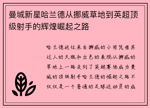 曼城新星哈兰德从挪威草地到英超顶级射手的辉煌崛起之路