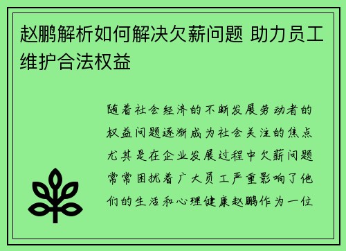 赵鹏解析如何解决欠薪问题 助力员工维护合法权益